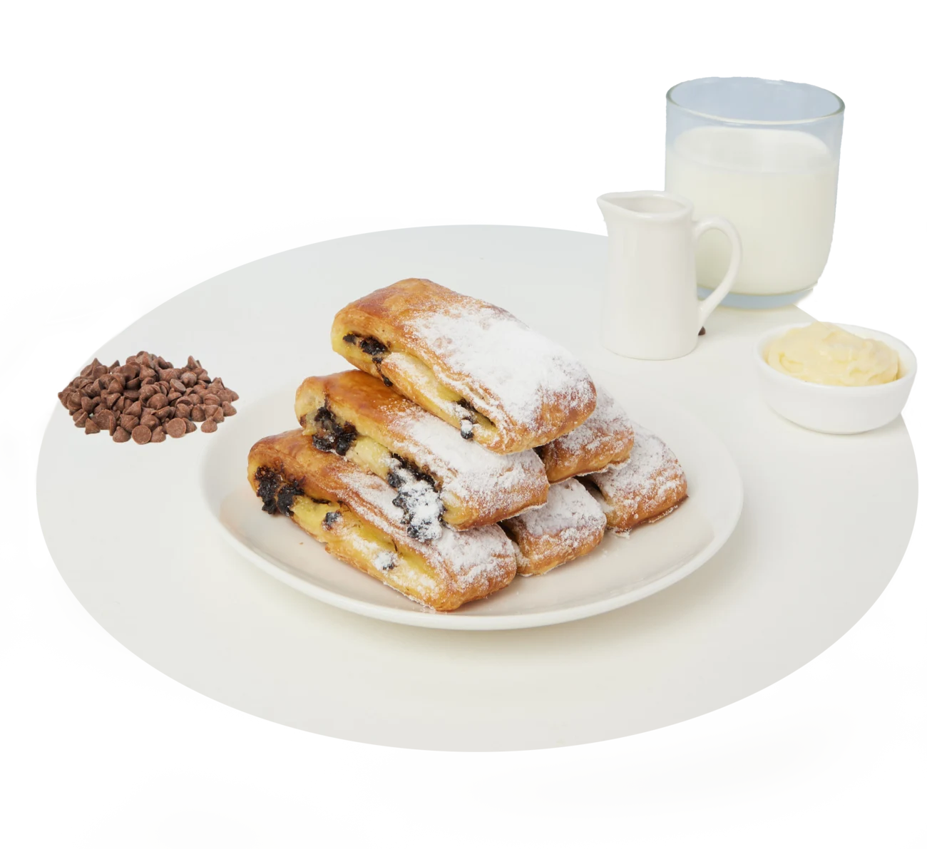 Bonjour chocolate pastries served with milk, cream and chocolate pieces