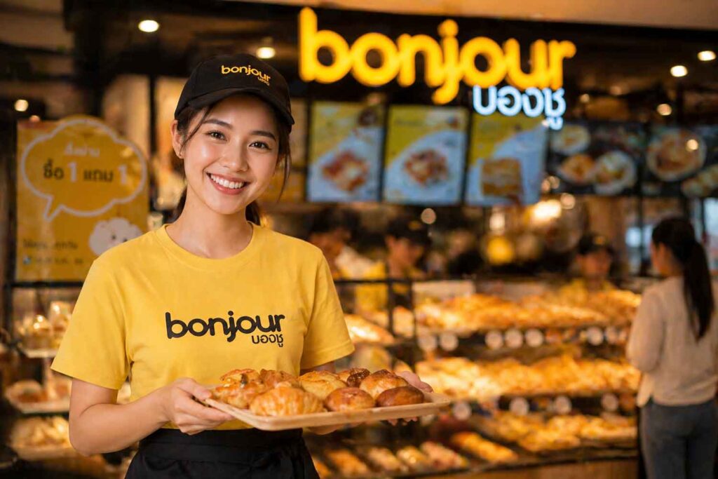 A Bonjour team member serving a tray of fresh pastries in-store