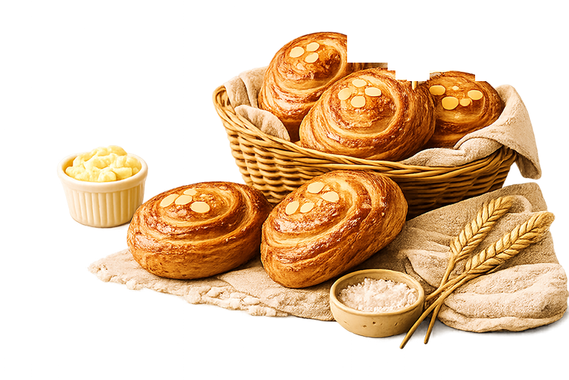 A basket of freshly baked Bonjour pastries with butter, flour and wheat