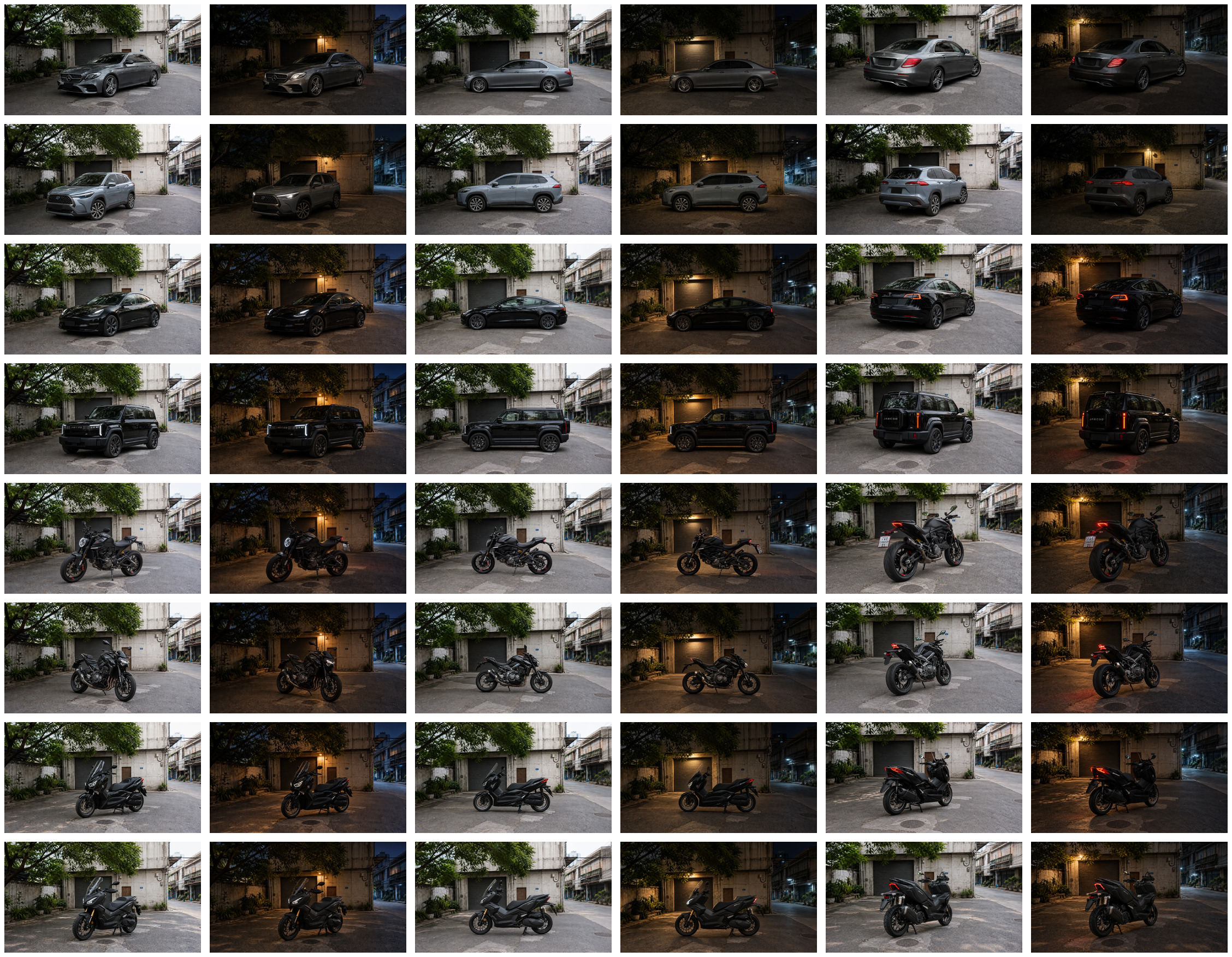 All eight vehicle galleries with front, side and rear day and night views
